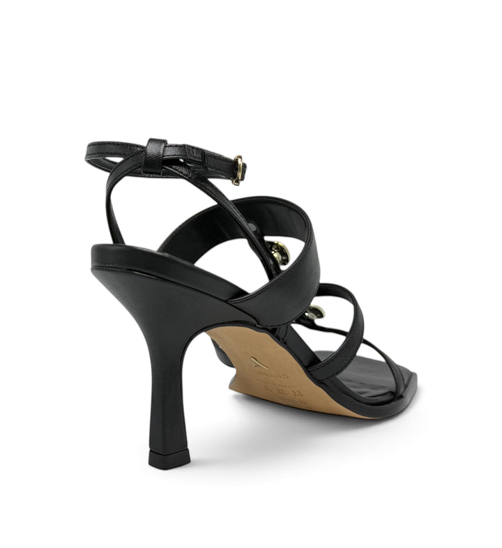 House of Florian 778009 soft black strappy high heel sandal with an ankle strap and gold hardware detail