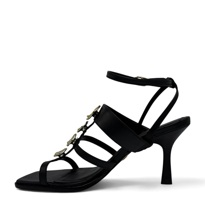 House of Florian soft black strappy heeled sandals with gold floral embellishments and an ankle strap