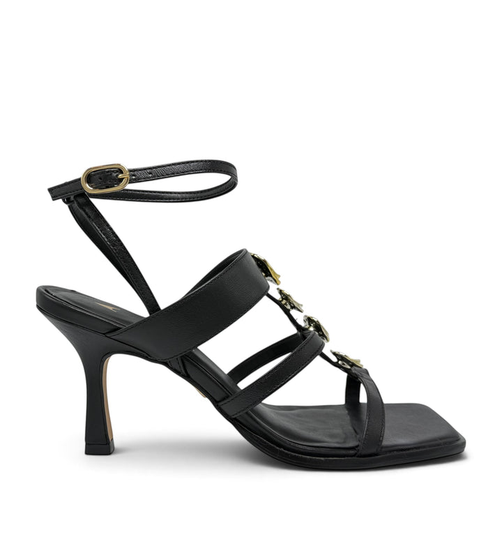 House of Florian 778009 soft black strappy heeled sandals with gold hardware and an ankle strap