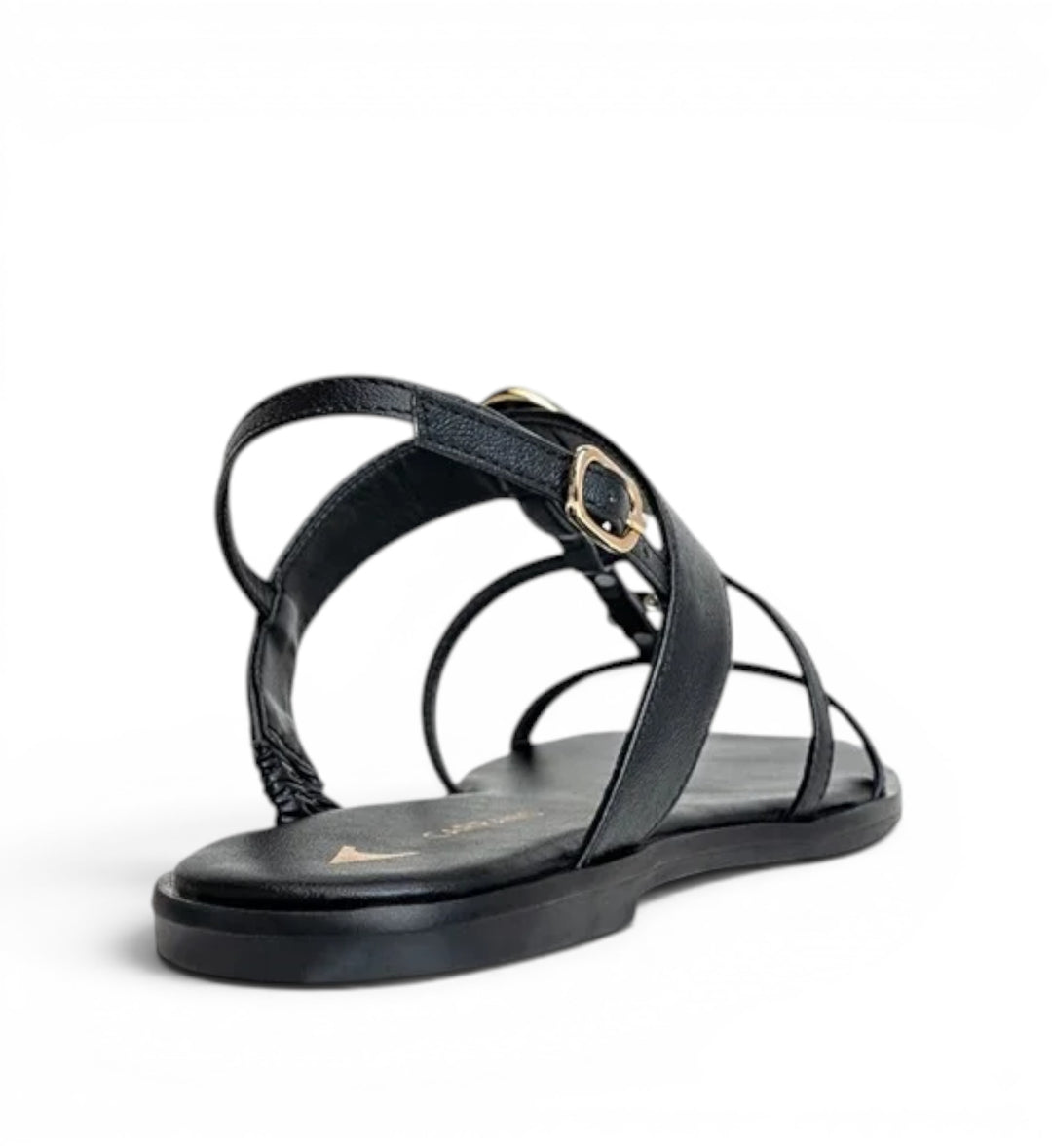 House of Florian black leather strappy flat sandals with gold buckle detail.