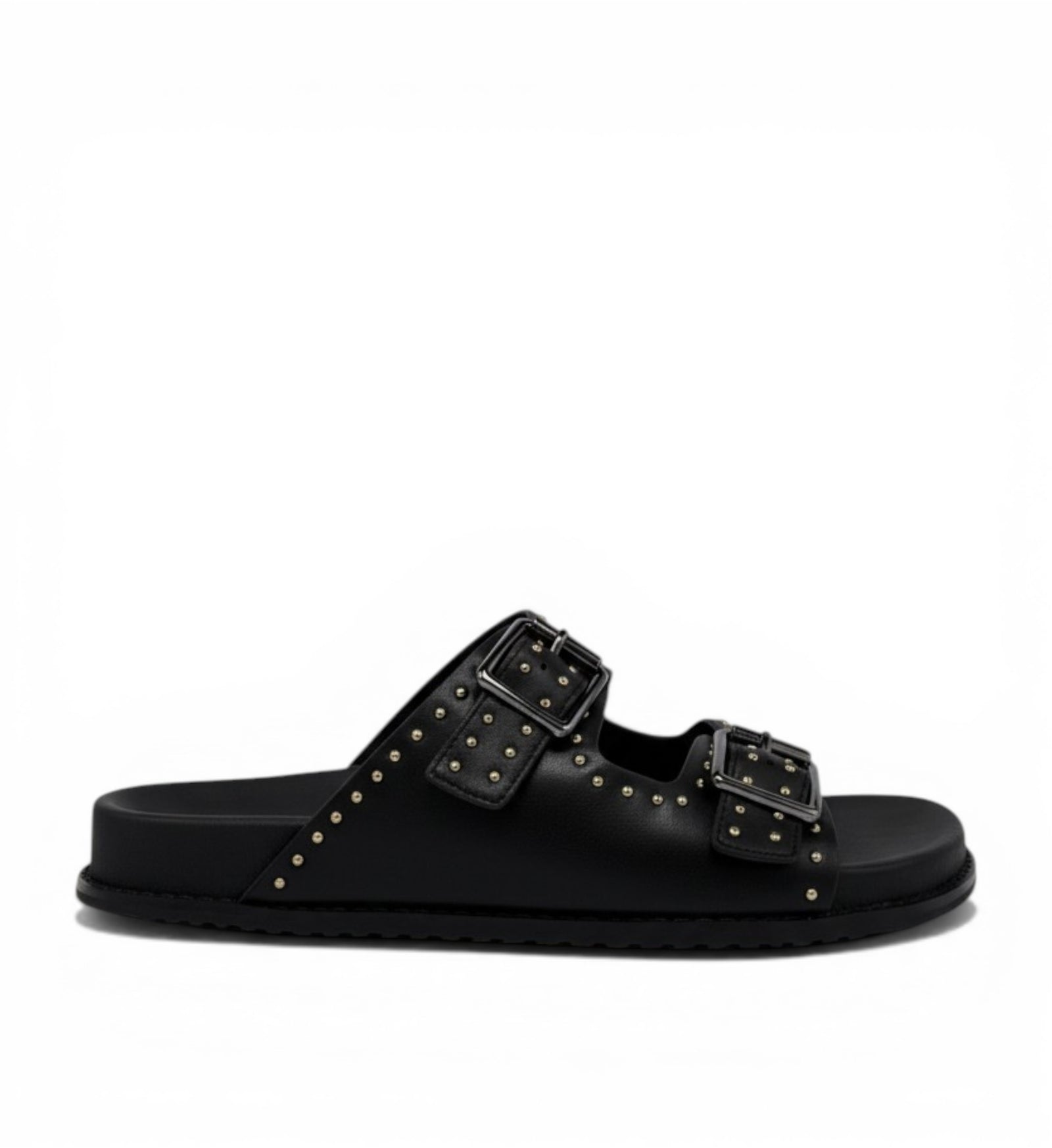 House of Florian black leather slide sandals with double buckle straps and gold stud detailing.