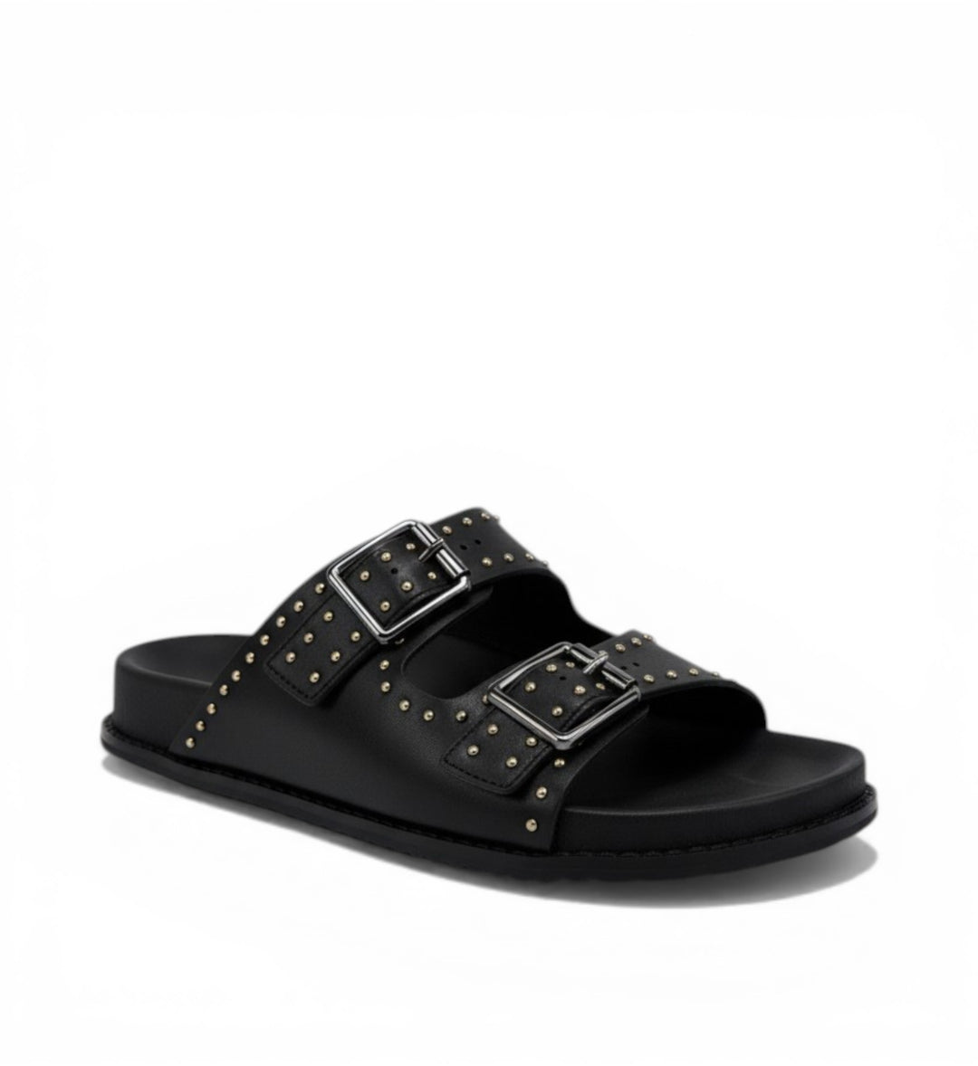 House of Florian black leather slide sandals with double buckle straps and gold stud detailing.