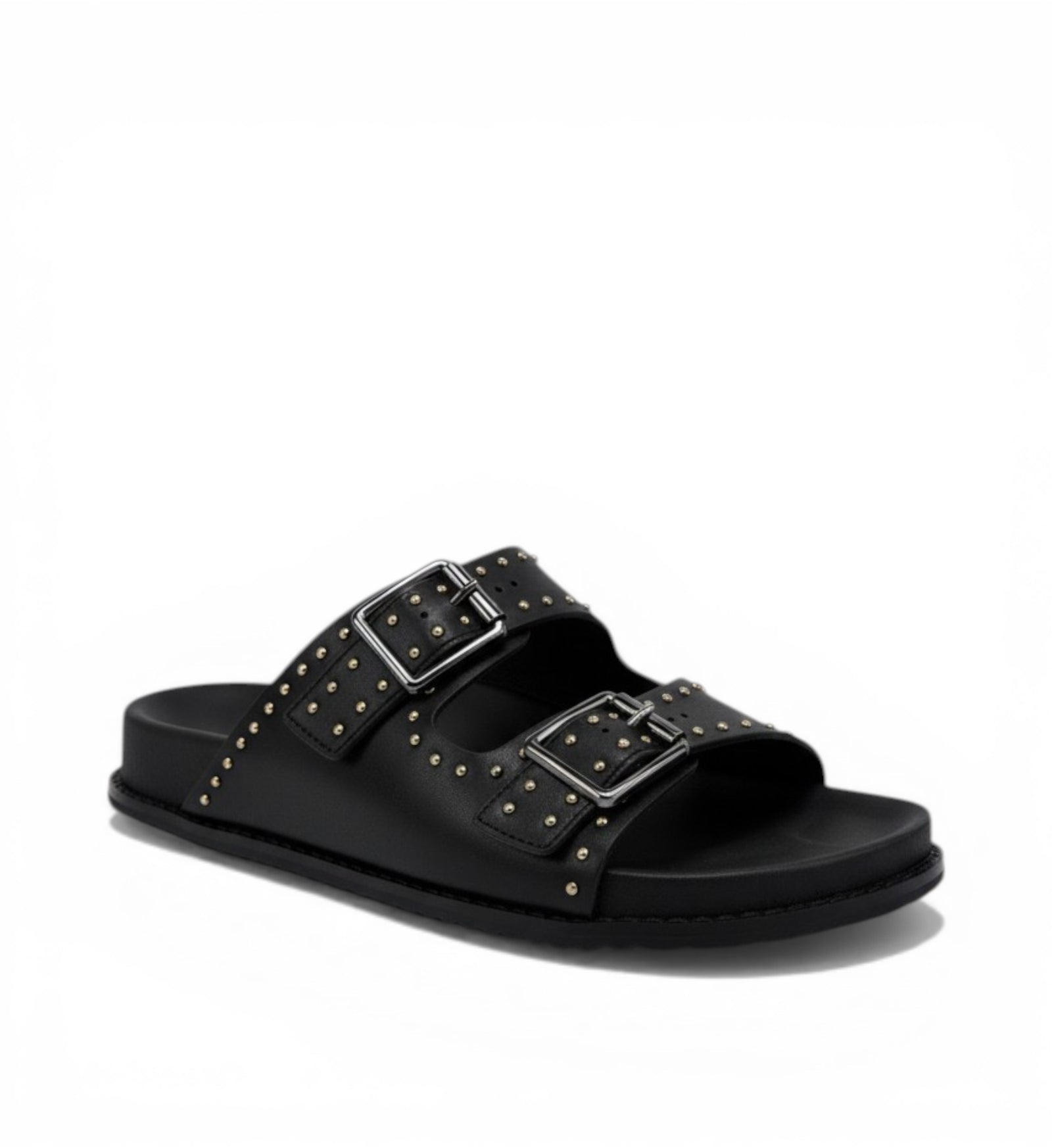 House of Florian black leather slide sandals with double buckle straps and gold stud detailing.