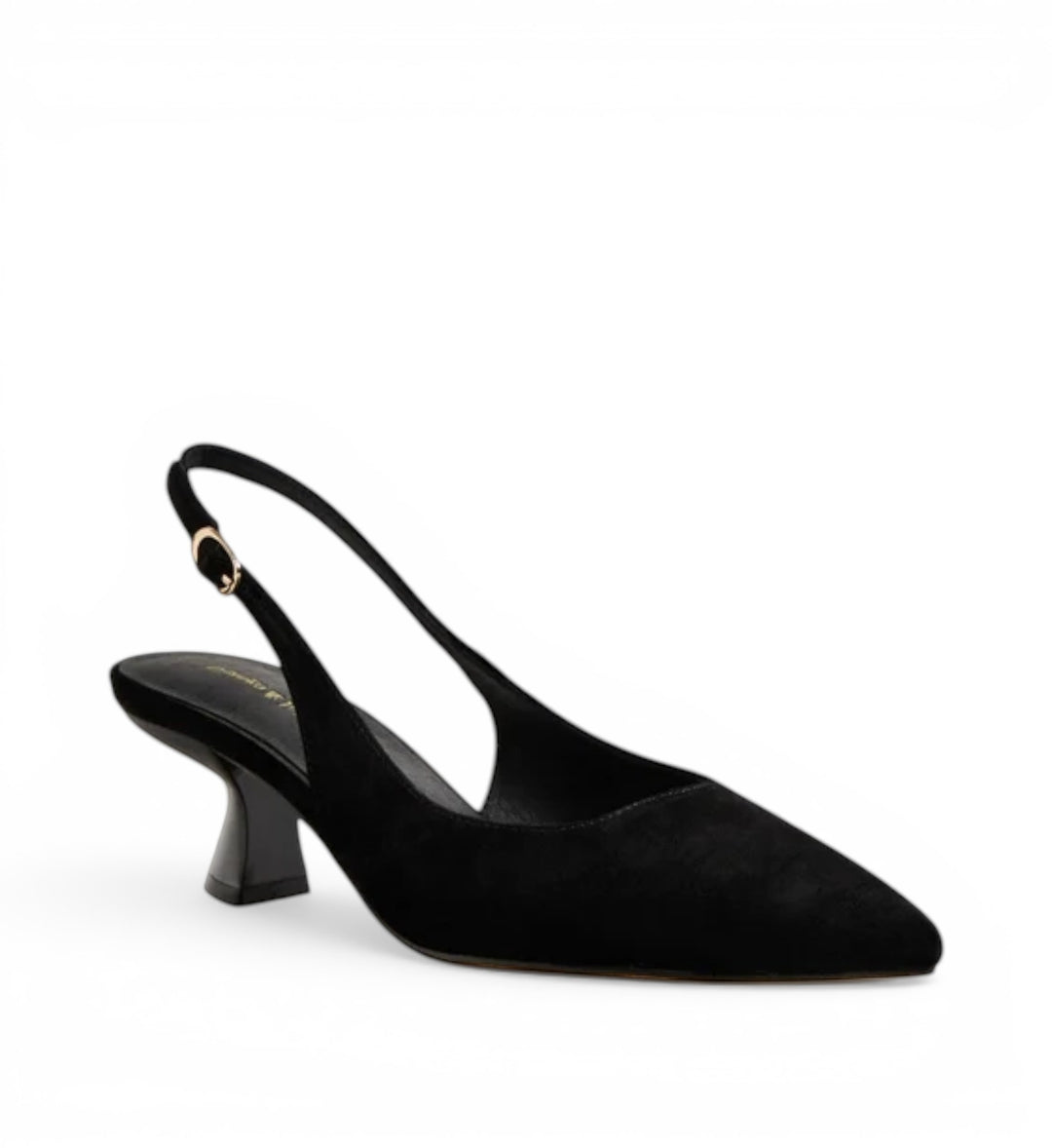 House of Florian Linly black suede slingback heels with pointed toe and sculpted heel.