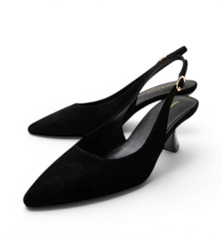 House of Florian Linly black suede slingback heels with pointed toe and flared heel.