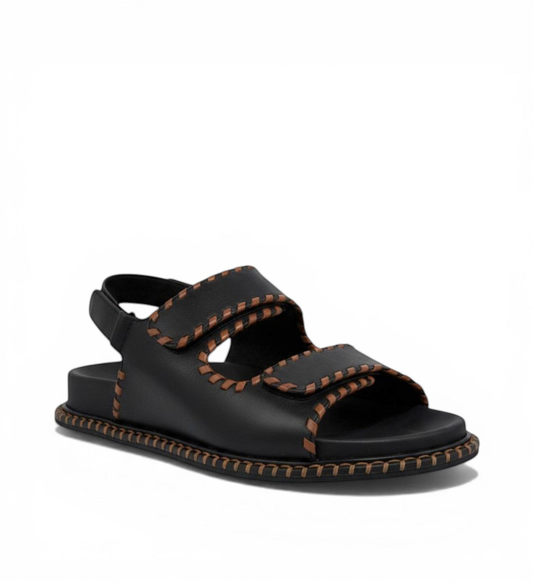 House of Florian Ihazil W black leather sandals with tan contrast stitching and adjustable velcro straps.