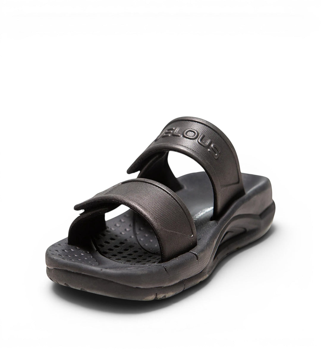 House of Florian black two-strap active sandals with adjustable velcro straps and textured footbed.