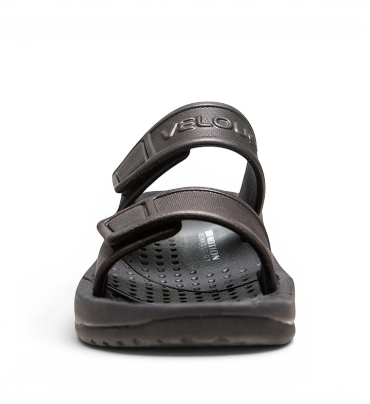 House of Florian black two-strap active sandals with adjustable velcro straps and textured footbed.