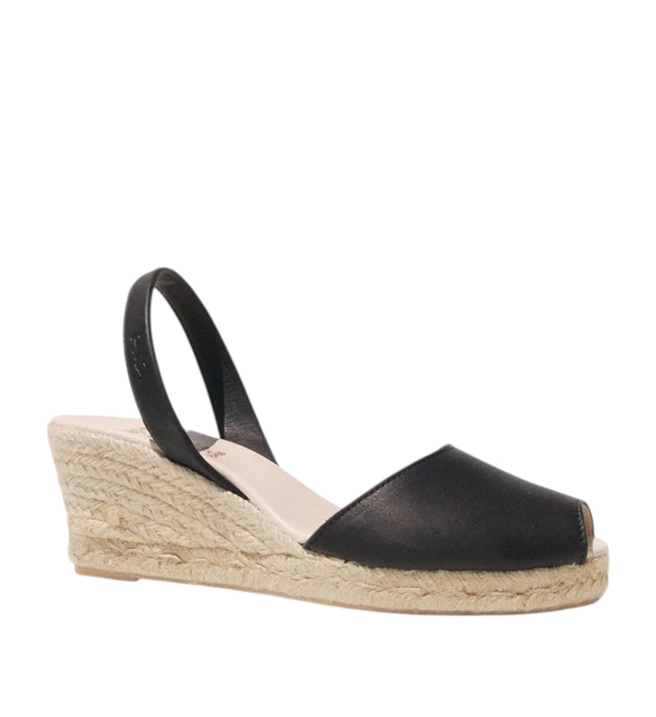 House of Florian black velvet wedge espadrille sandals with slingback strap and peep toe