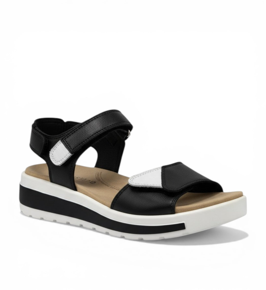 House of Florian Geeley W black leather sandals with white accents and adjustable straps on a platform sole.