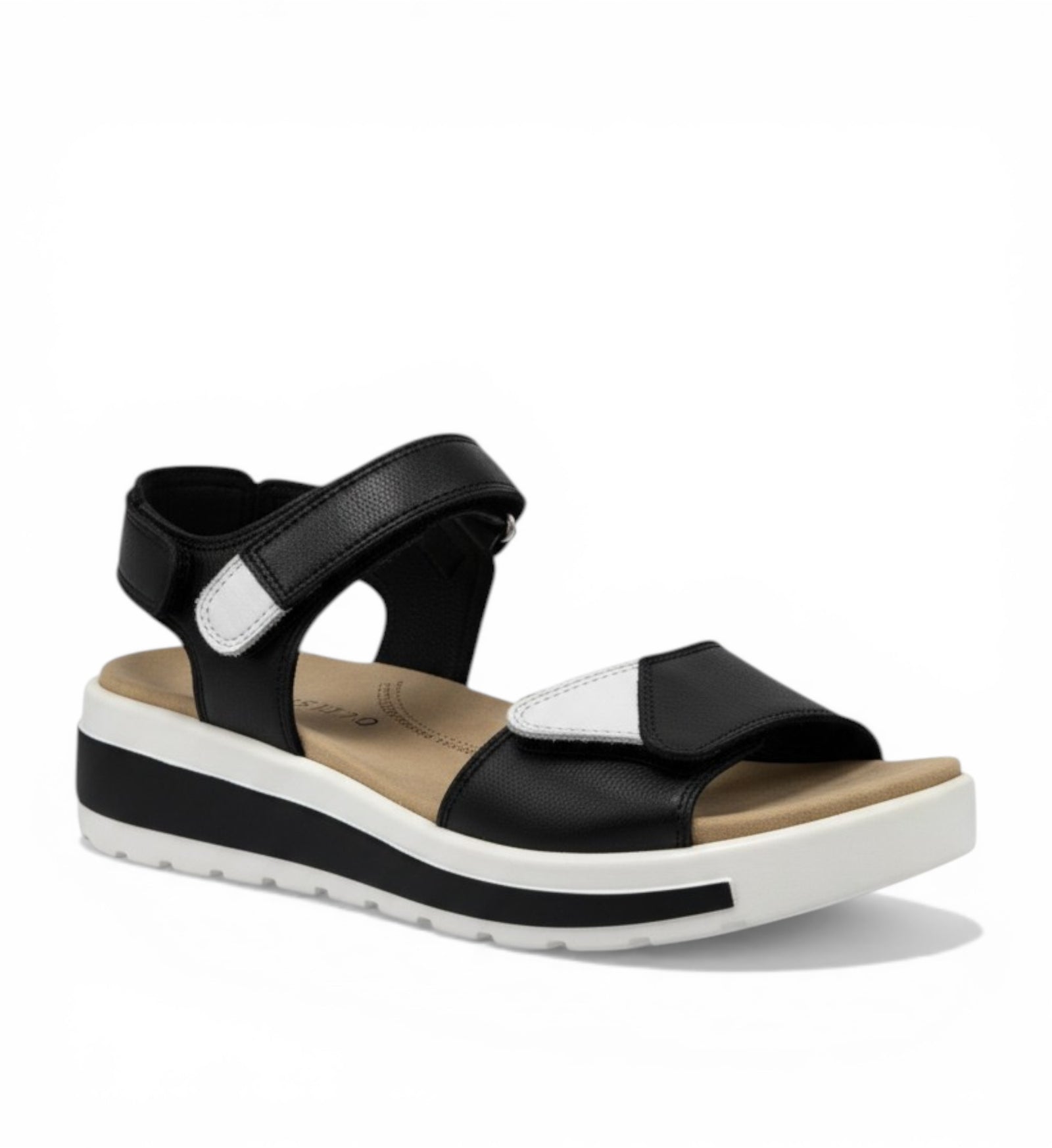House of Florian Geeley W black leather sandals with white accents and adjustable straps on a platform sole.