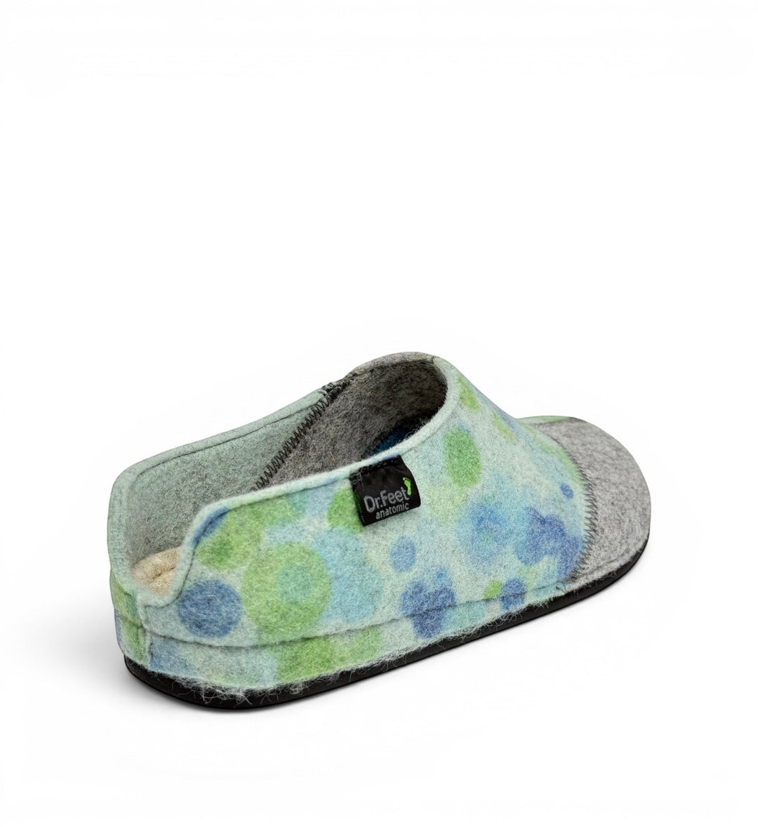House of Florian Hilda Blue Bubble felted wool slipper with blue and green polka dot pattern and grey toe detail