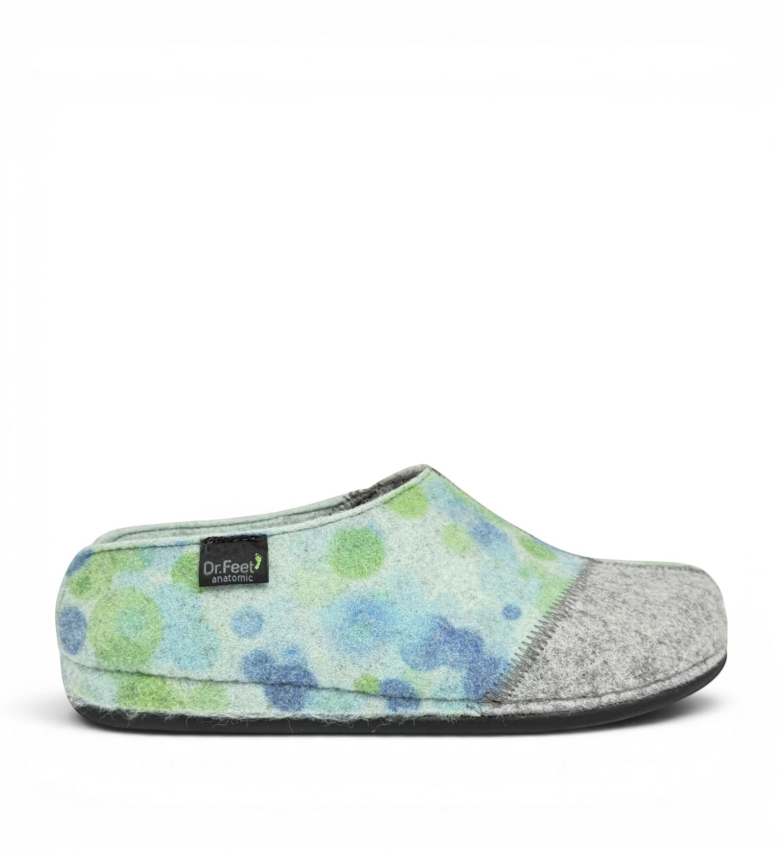 House of Florian Hilda Blue Bubble felt slippers with blue and green polka dot pattern and grey toe cap