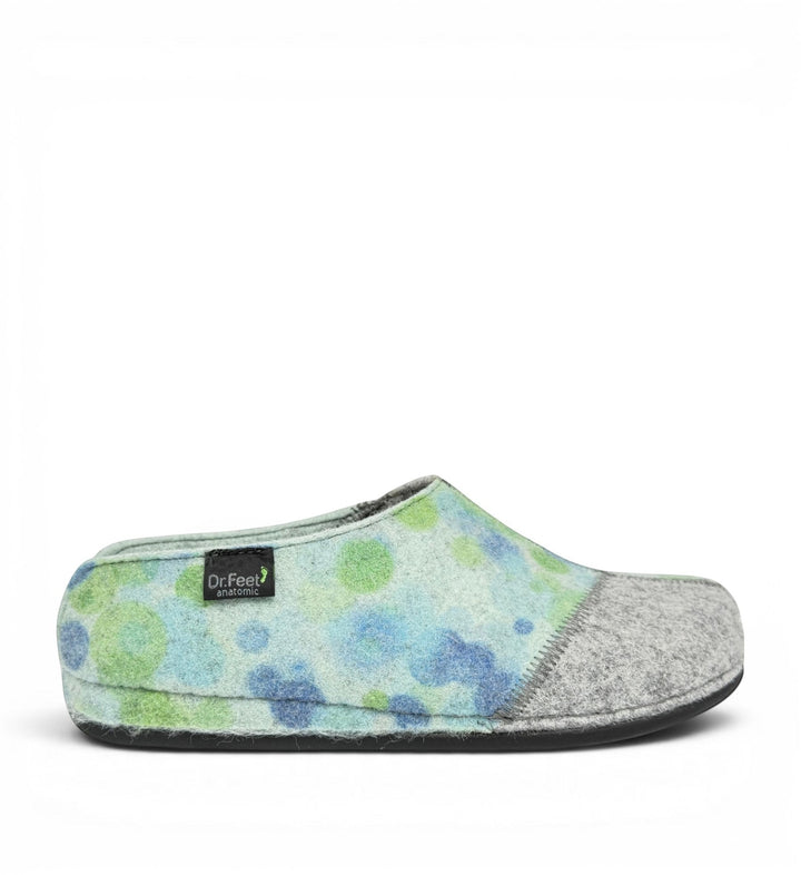 House of Florian Hilda Blue Bubble felt slippers with blue and green polka dot pattern and grey toe cap
