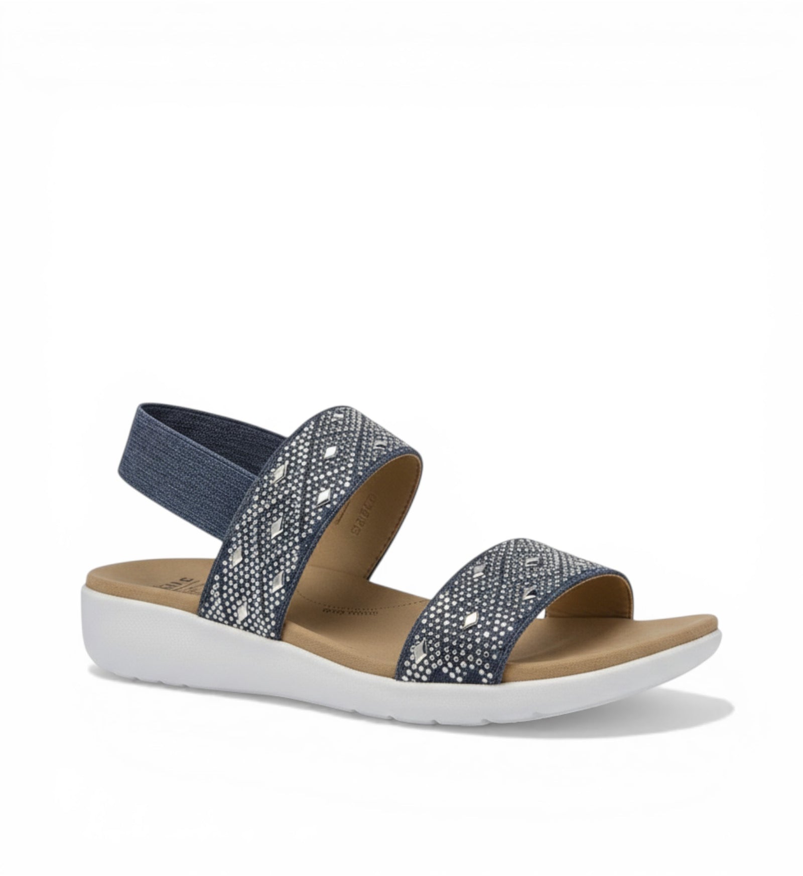 House of Florian blue denim women's sandals with rhinestone embellishments and elastic ankle strap.