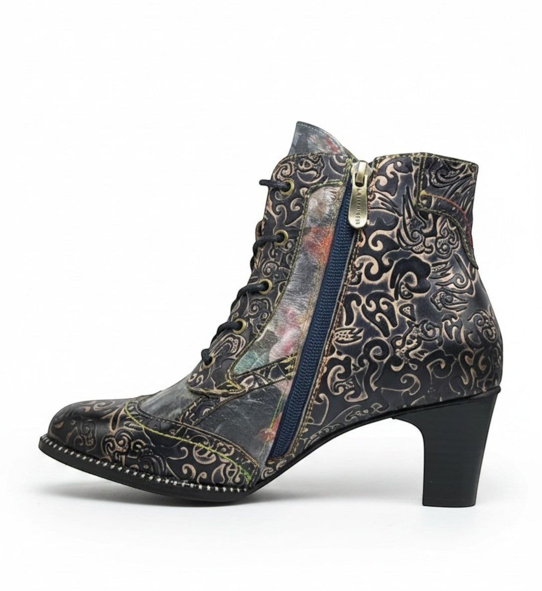 House of Florian Elcodieo 213 blue leather ankle boots with ornate embossed pattern, floral print panel, side zip and lace-up front.