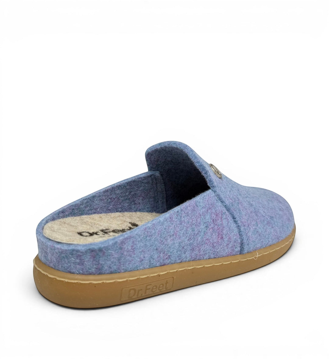 House of Florian Hoops blue felt slip-on mule slippers with a tan rubber sole