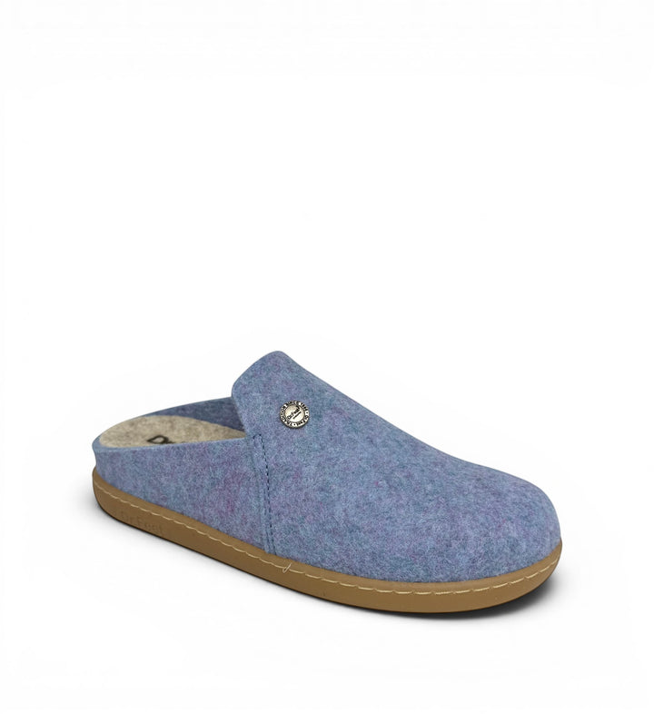 House of Florian Hoops blue felt slip-on mule with a tan rubber sole and a small metallic logo detail.