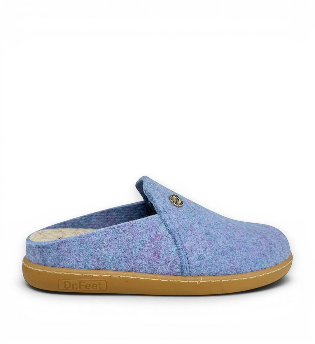 House of Florian Hoops Blue felt slip-on slippers with a tan rubber sole and a small metallic logo detail.