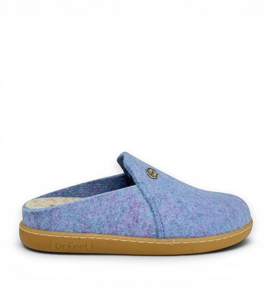House of Florian Hoops Blue felt slip-on slippers with a tan rubber sole and a small metallic logo detail.