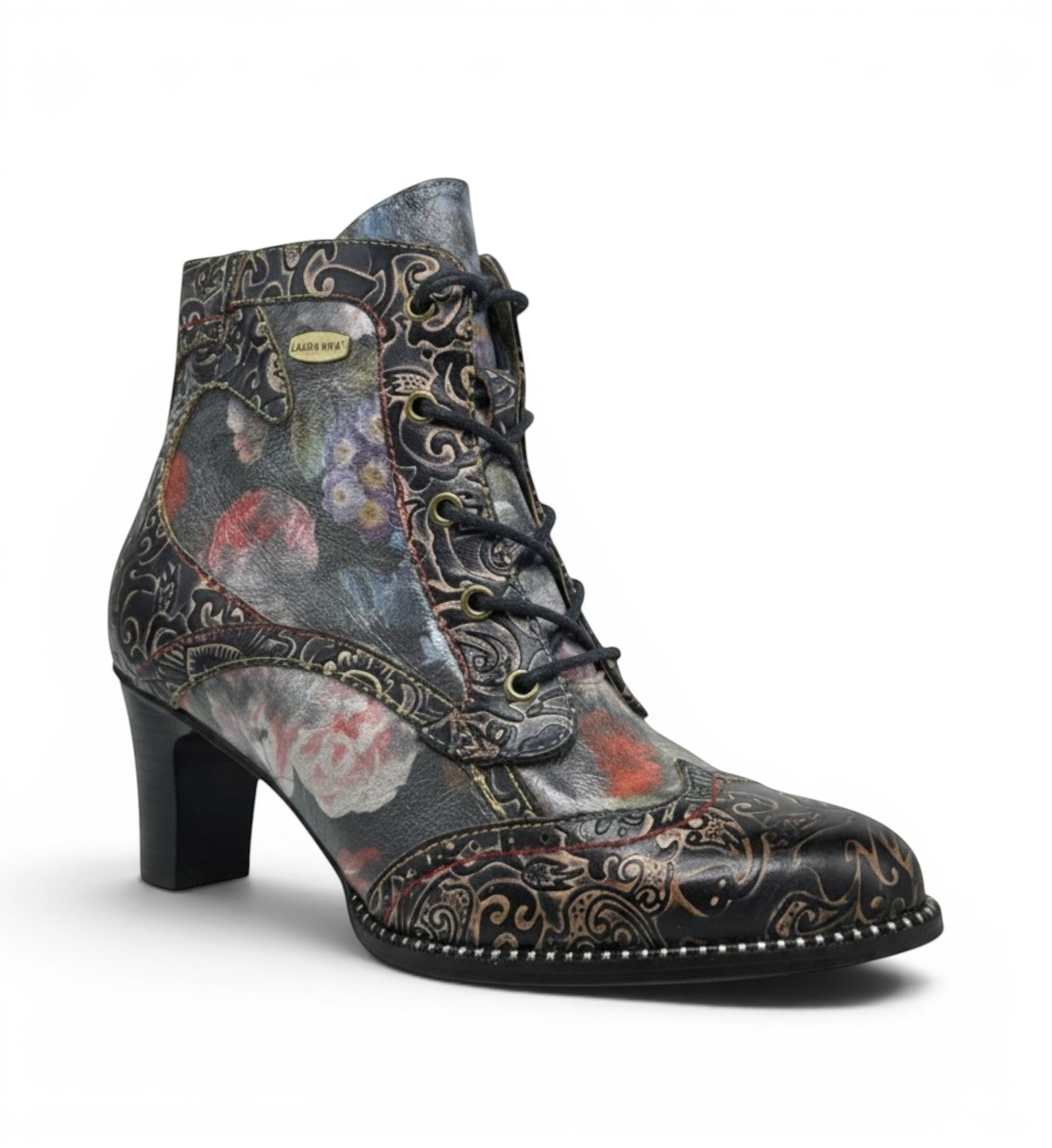 House of Florian Elcodieo 213 blue floral print leather lace-up ankle boots with block heel.