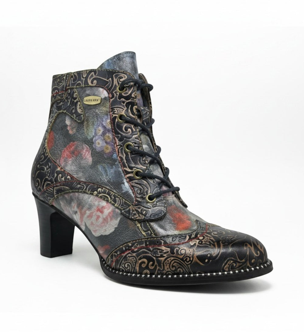 House of Florian Elcodieo 213 blue floral print leather lace-up ankle boots with block heel.