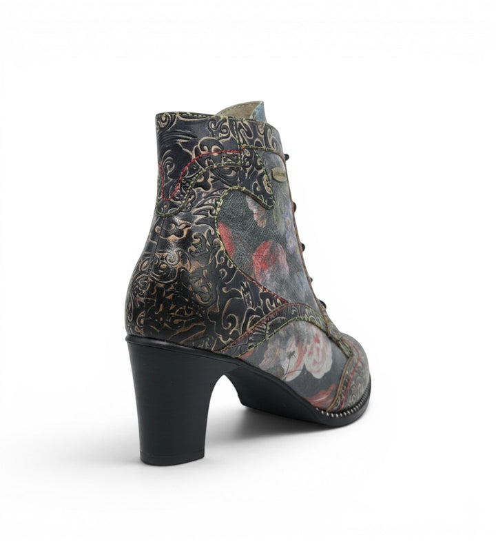 House of Florian Elcodieo 213 Blue floral print leather ankle boots with black block heel and decorative stitching.
