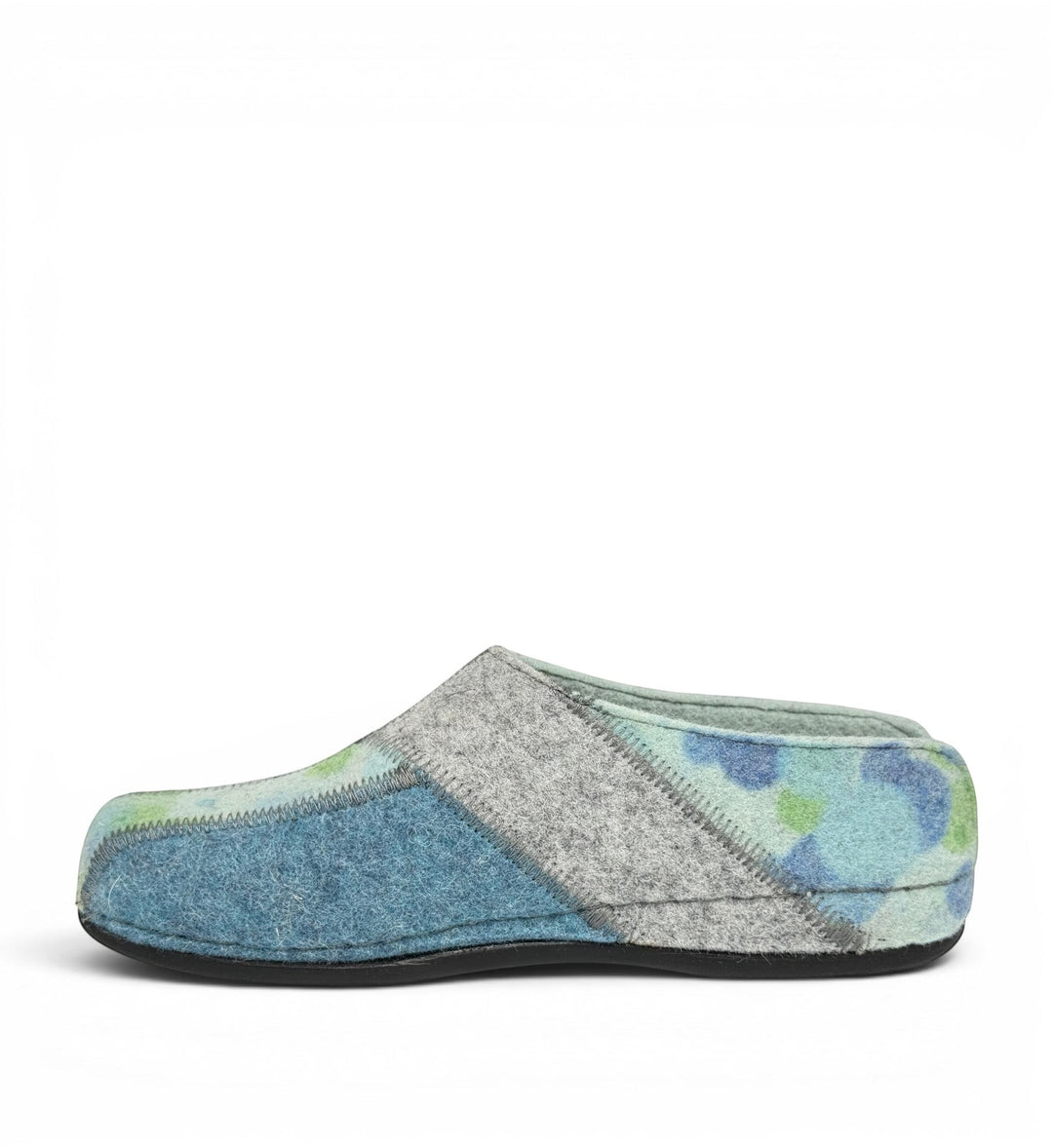 House of Florian Hilda Blue Bubble felt slippers featuring a blue and green floral pattern with grey trim.