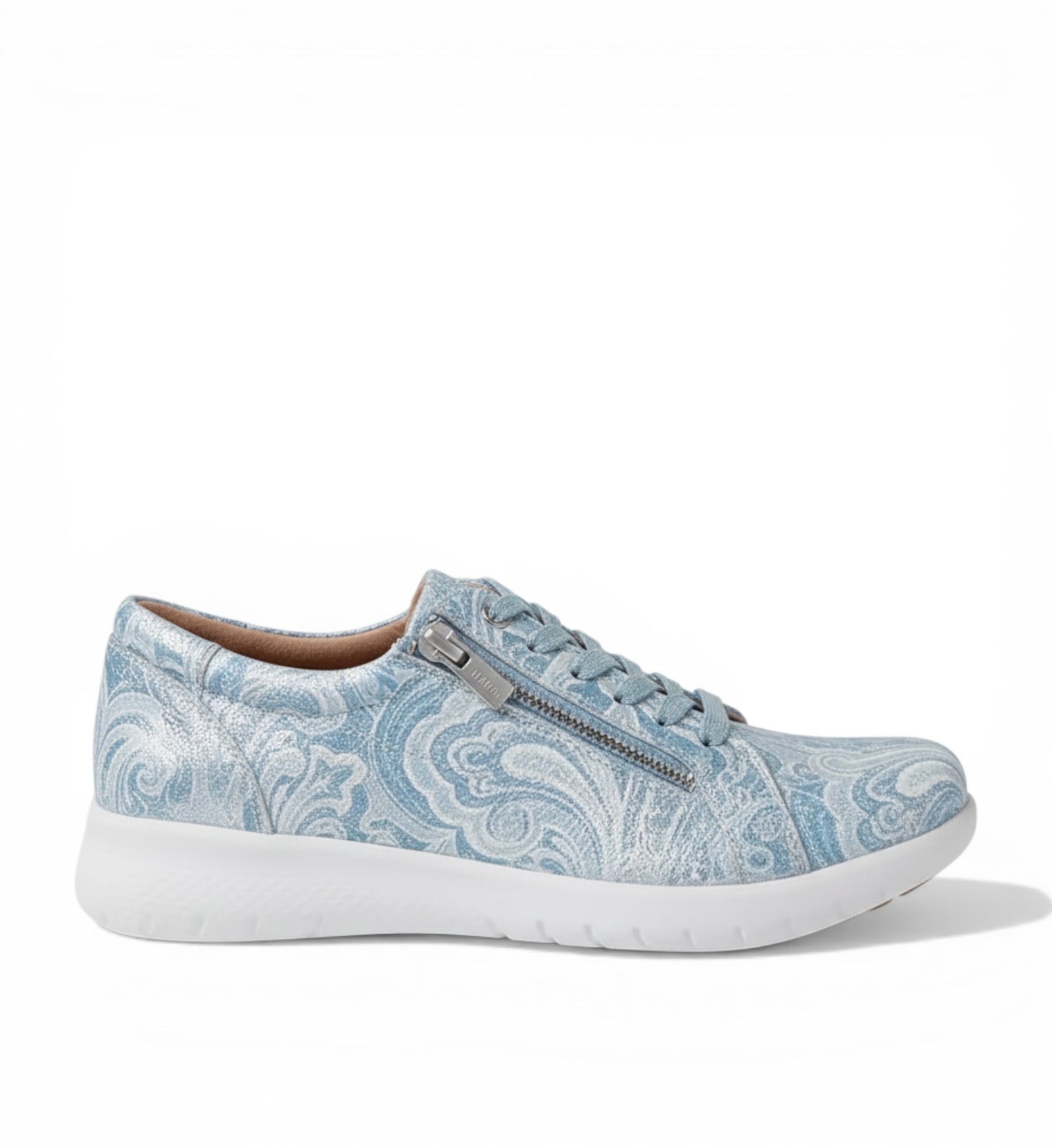 House of Florian blue & silver paisley print slip-on sneakers with side zipper and white sole.