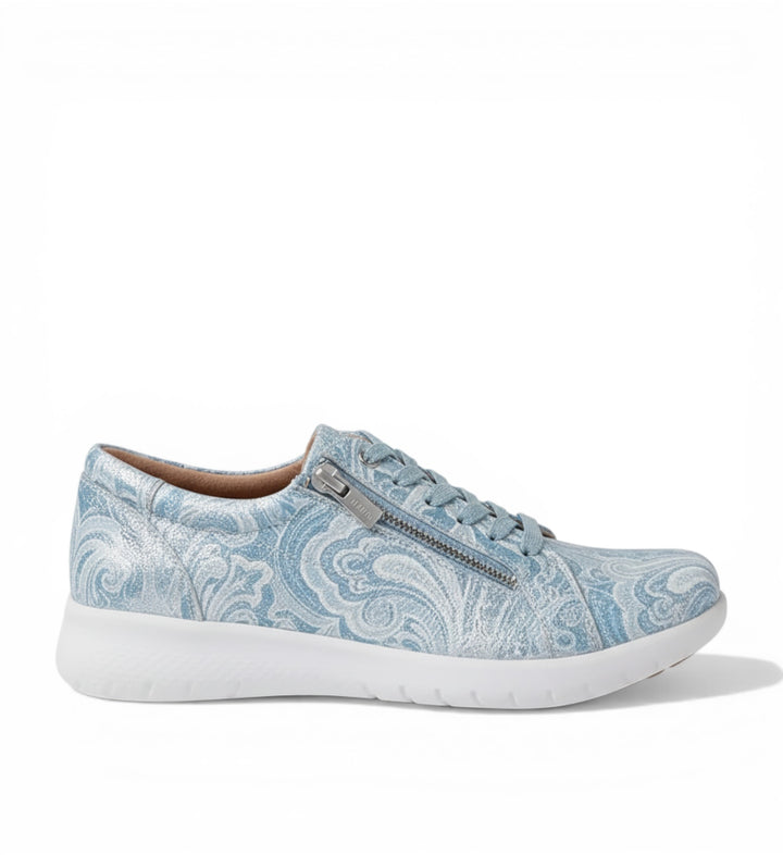 House of Florian blue &amp; silver paisley print slip-on sneakers with side zipper and white sole.