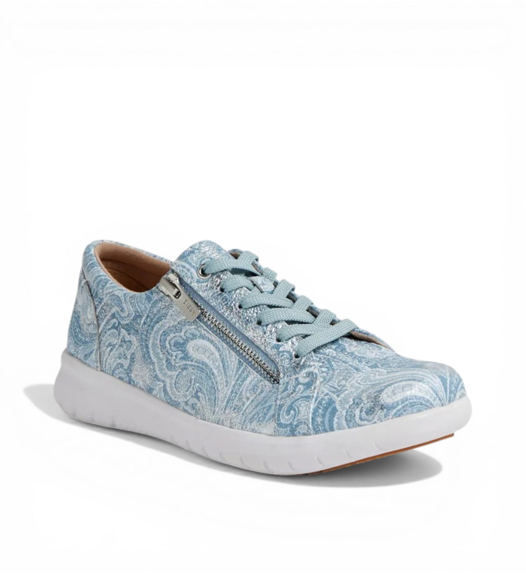 House of Florian blue and silver paisley print slip-on sneakers with side zip and laces.