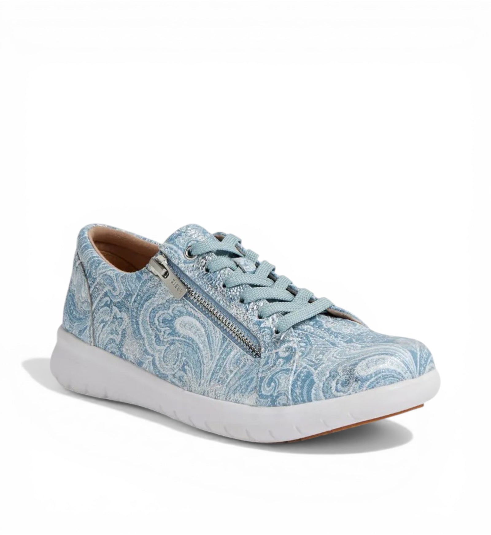 House of Florian blue and silver paisley print slip-on sneakers with side zip and laces.