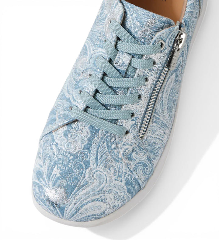 House of Florian blue and silver paisley print slip-on sneakers with side zip and laces.