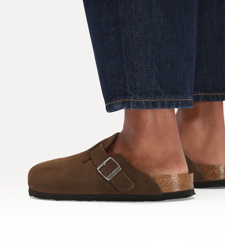 House of Florian Boston soft footbed clogs in carafe brown suede leather with a silver buckle and cork midsole