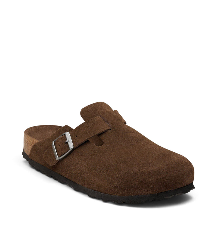House of Florian Boston soft footbed clogs in carafe brown suede leather with a tonal buckle and cork midsole.