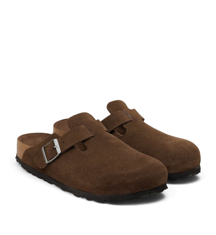 House of Florian Boston soft footbed clogs in carafe brown suede leather with a tonal buckle and cork sole.