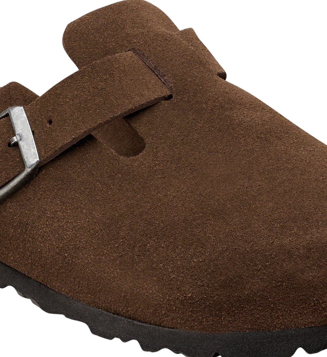 House of Florian Boston soft footbed clog in carafe brown suede leather with a tonal buckle and textured sole