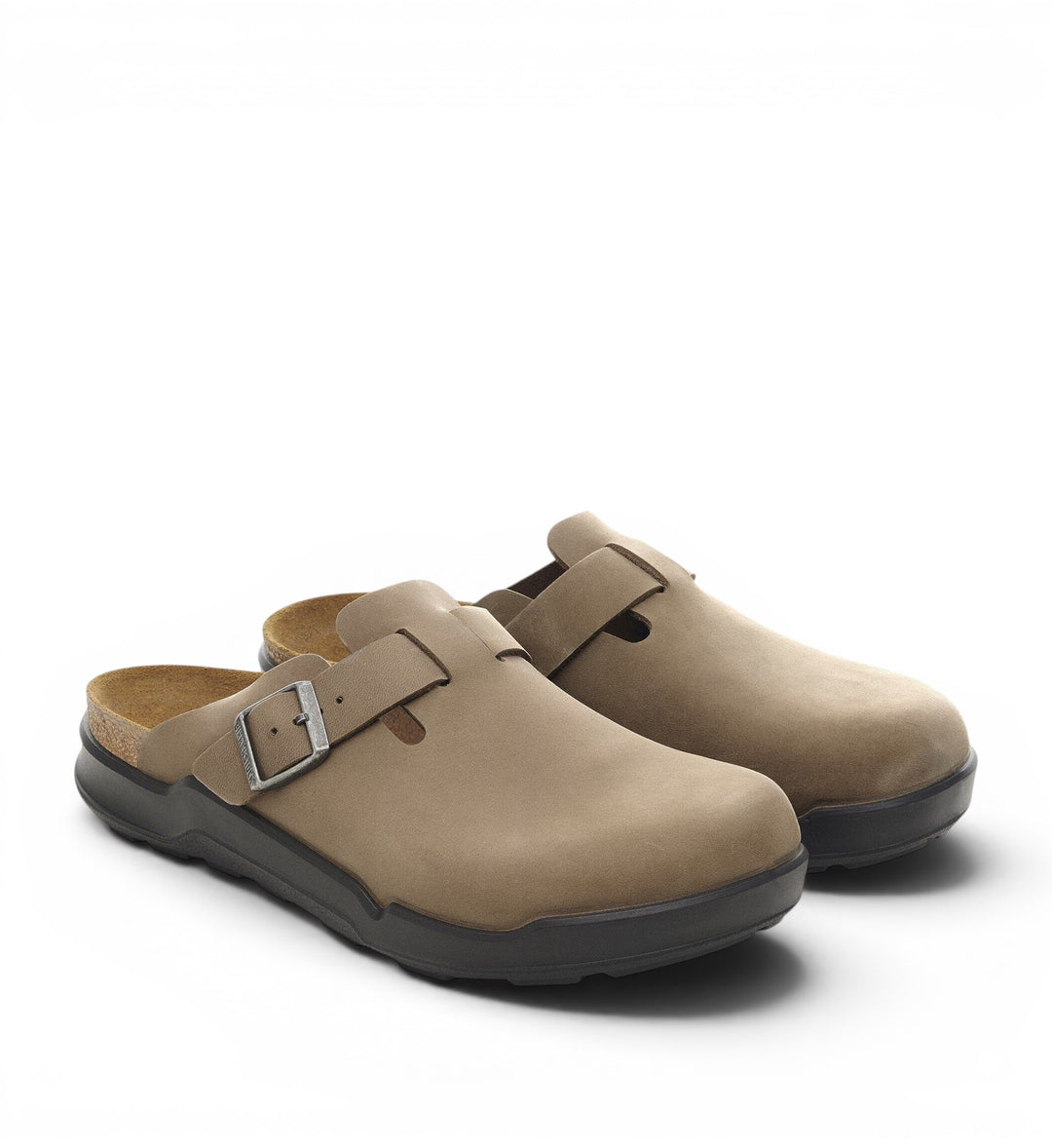 House of Florian Boston Cross Town Oiled Leather Tabacco Brown clogs with adjustable buckle and cork footbed.