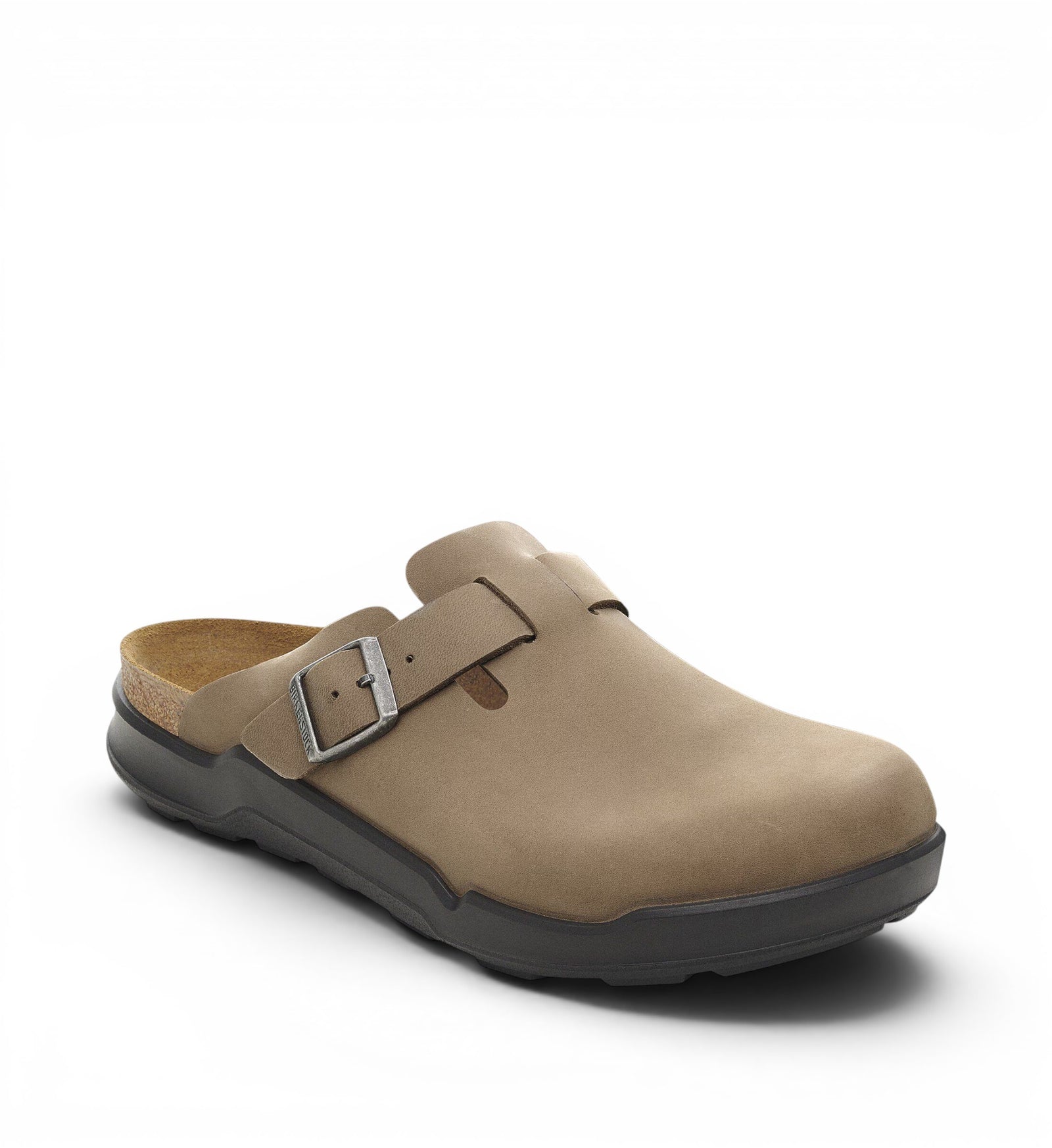 House of Florian Boston Cross Town Oiled Leather Tabacco Brown clogs with adjustable buckle and cork footbed.