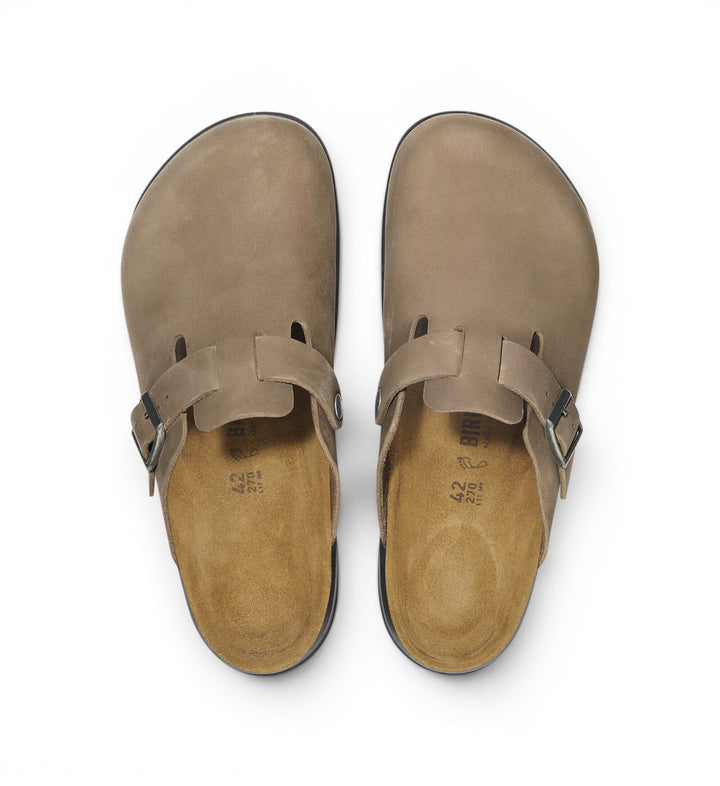 House of Florian Boston Cross Town oiled leather clogs in tobacco brown with adjustable buckle strap.