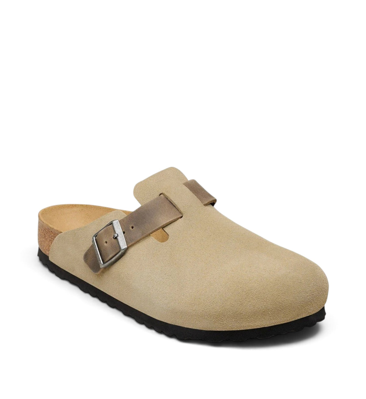 House of Florian Boston clog in faded khaki suede leather with an adjustable buckle strap and cork footbed