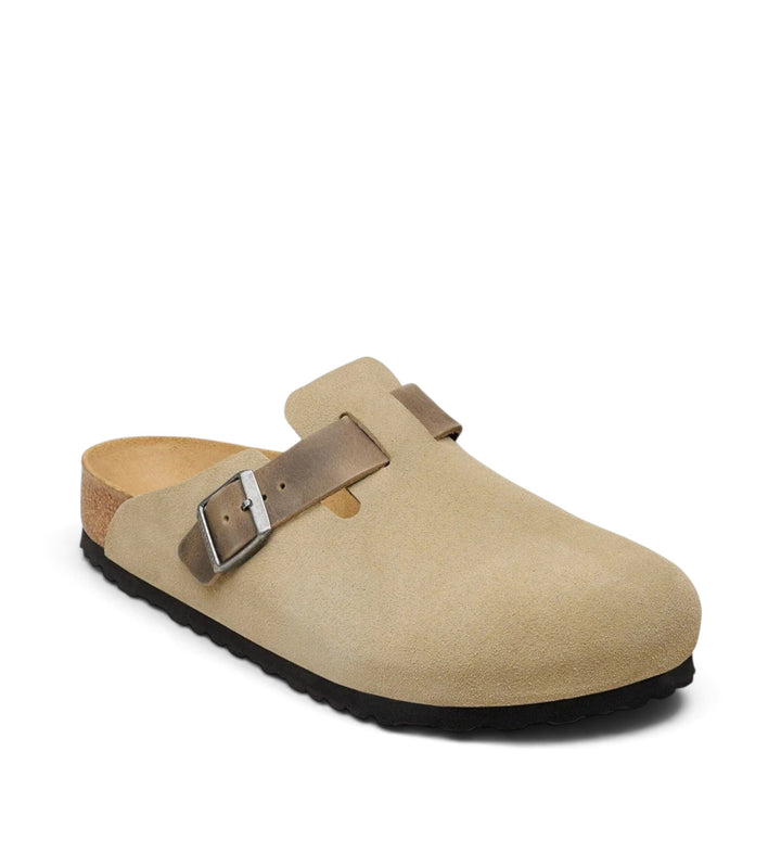 House of Florian Boston clog in faded khaki suede leather with an adjustable buckle strap and cork footbed