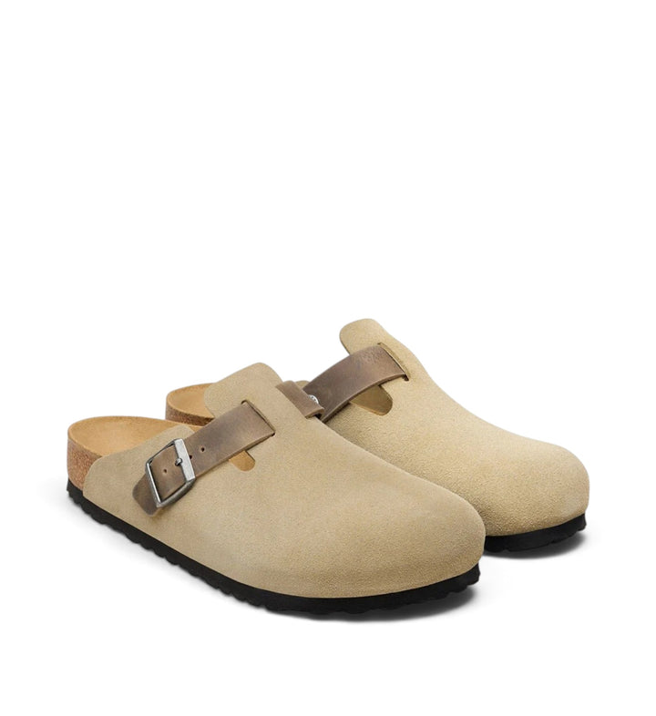 House of Florian Boston clogs in faded khaki suede leather with a buckled strap and cork footbed