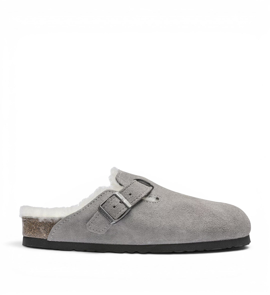 House of Florian grey suede shearling lined Boston clogs with adjustable buckle.