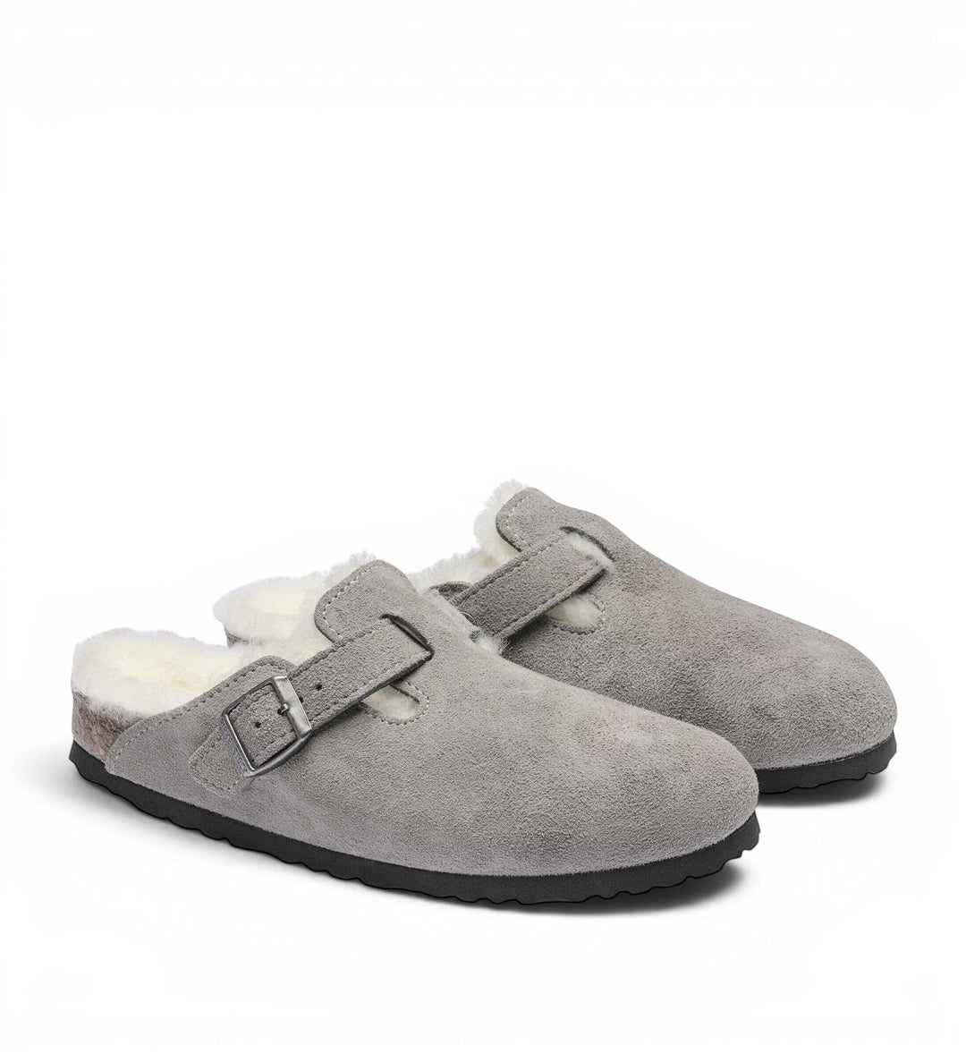 House of Florian Boston Shearling Suede Leather Stone Coin clogs with buckle detail and cozy shearling lining.