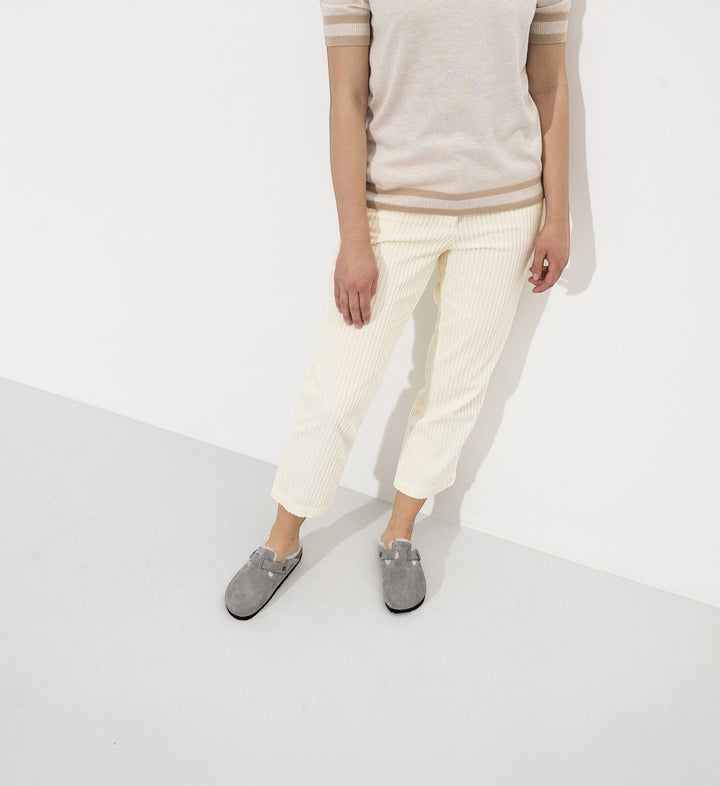 House of Florian Boston Shearling Suede Leather Stone Coin clogs with buckle detail and grey shearling lining.