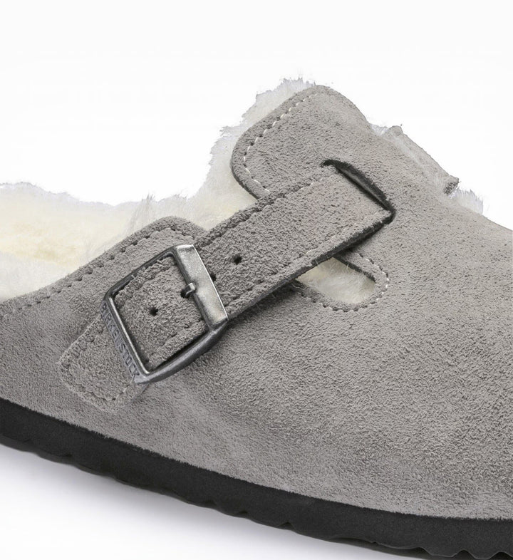 House of Florian grey suede leather clog with shearling lining and adjustable buckle strap.