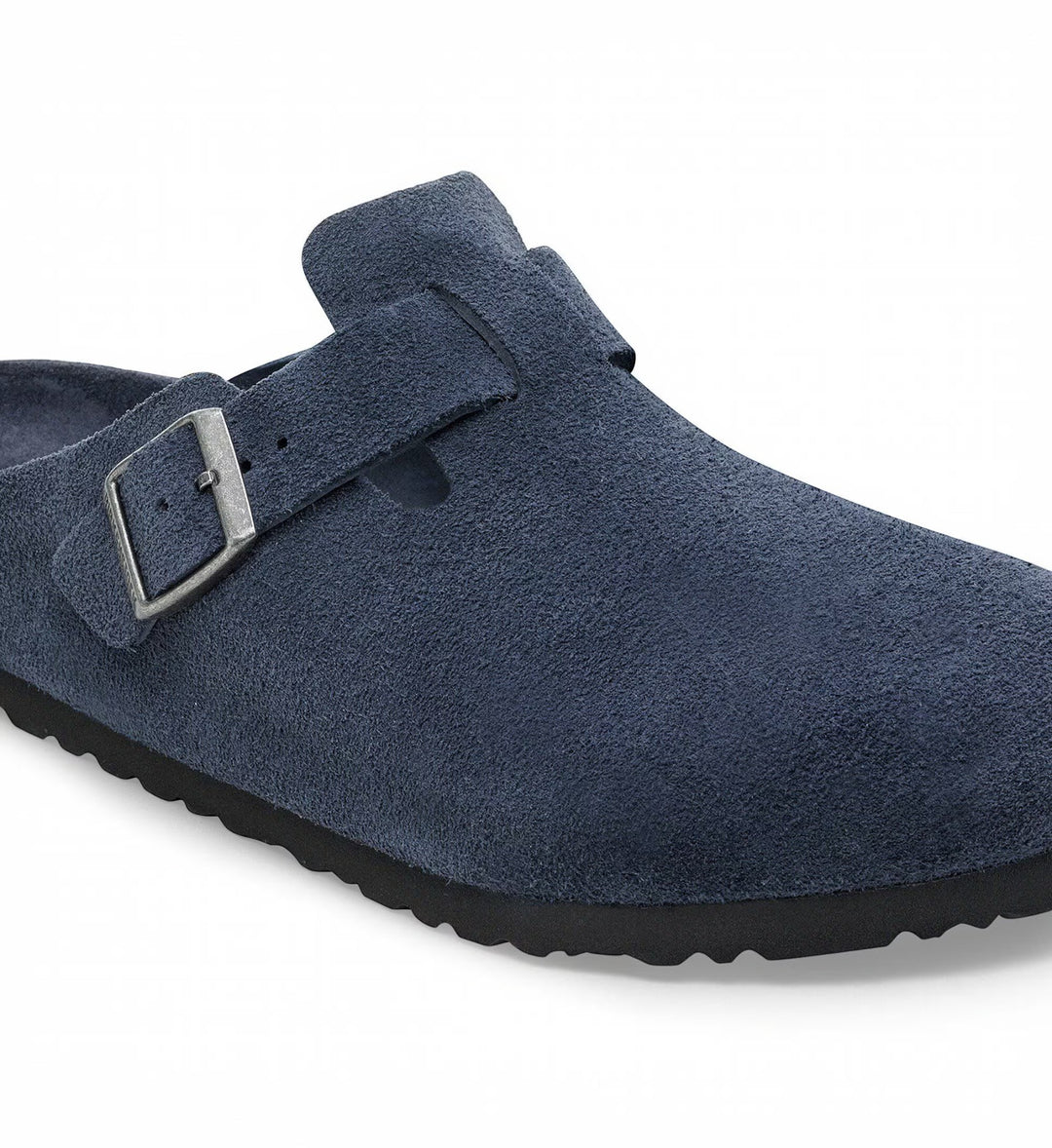 House of Florian Boston Soft Footbed clog in navy suede leather with a silver buckle and tonal stitching.