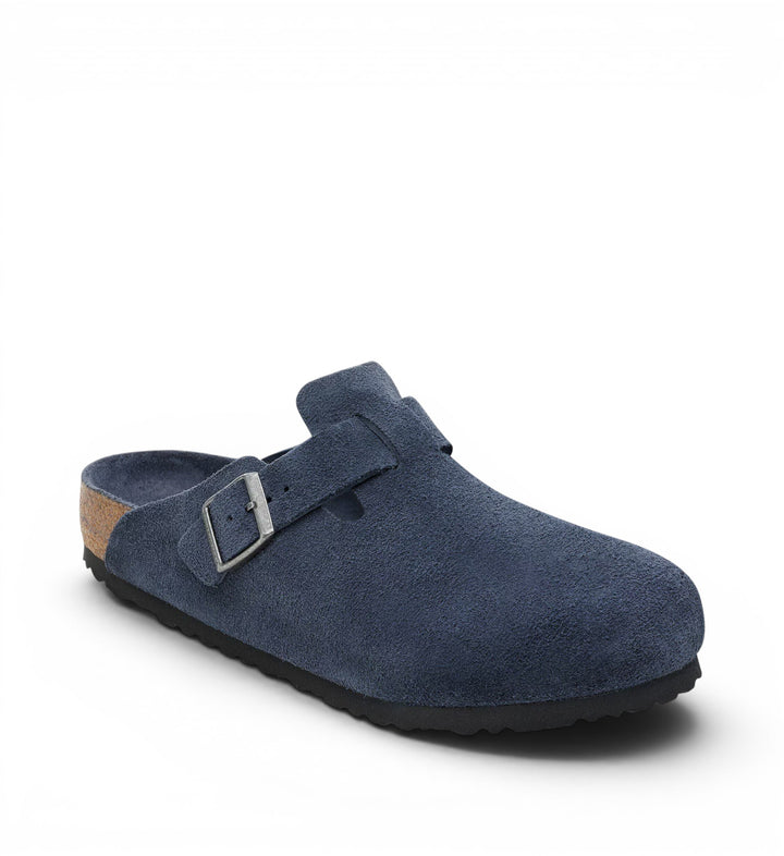 House of Florian Boston Soft Footbed clog in new navy suede leather with adjustable strap and buckle.
