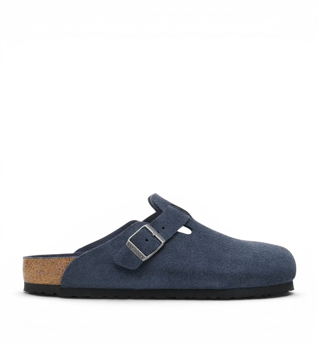 House of Florian Boston Soft Footbed clog in new navy suede leather with adjustable buckle and cork footbed.